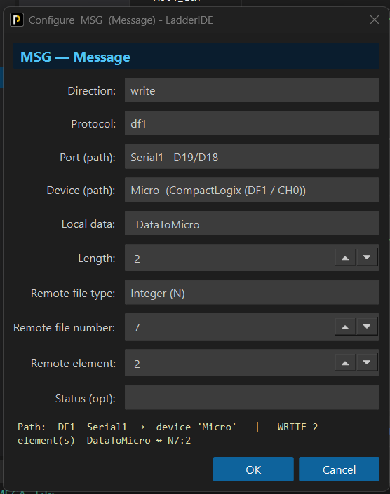 Figure 1 — The MSG dialog for the DF1 write: write, df1, port Serial1 on D19/D18, device Micro (CompactLogix DF1 / CH0), local DataToMicro, length 2, file type Integer (N), file 7, element 2, no status tag; the path line reads DataToMicro to N7
