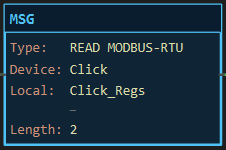 MSG instruction block for a Modbus RTU read: Type: READ MODBUS-RTU, Device: Click, Local: Click_Regs, Length: 2