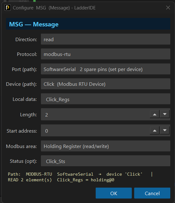 Figure 1 — The MSG dialog for the Modbus RTU read: read, modbus-rtu, port SoftwareSerial, device Click, local Click_Regs, length 2, start address 0, area Holding Register, status Click_Sts