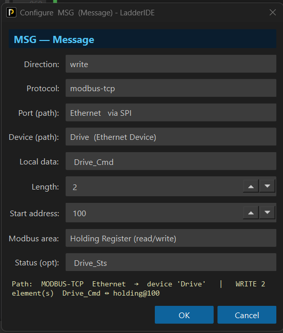 Figure 1 — The MSG dialog for the Modbus TCP write: write, modbus-tcp, device Drive, local Drive_Cmd, length 2, start address 100, area Holding Register, status Drive_Sts