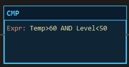 CMP instruction block: Expr Temp>60 AND Level<50, dark