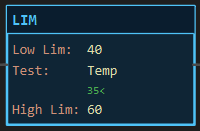 LIM instruction block: Low Lim 40, Test Temp reading 35, High Lim 60, dark because 35 is below the band