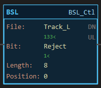 BSL instruction block on BSL_Ctl: File Track_L reading 133, Bit Reject 1, Length 8, Position 0, DN and UL dark
