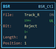 BSR instruction block on BSR_Ctl after one shift: File Track_R reading 194, Bit Reject 1, Length 8, Position 1, UL lit