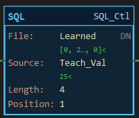 SQL instruction block: File Learned, Source Teach_Val, Length 4, Position, with DN indicator