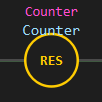 RES instruction: a coil-style ring with RES inside, under the Counter tag it resets, lit because its rung is true