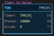 TON instruction block: Timer TMR[0], Preset 10000, Accum 0, with the EN, DN and TT indicators on the right