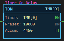Figure 1 — Delay in progress: MotorRun on, TON TMR[0] with the Accum climbing toward 10000, EN and TT lit, DN dark