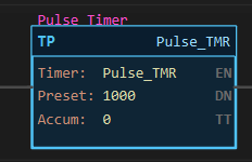 TP instruction block: Timer Pulse_TMR, Preset 1000, Accum 0, with the EN, DN and TT indicators on the right